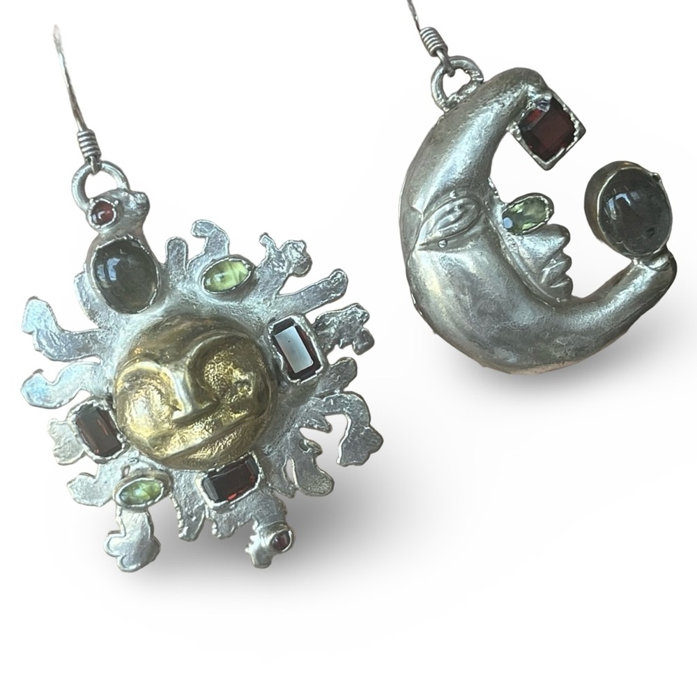Pure Silver Artisan Garnet Moonstone Citrine Sun and Moon Earrings By C + R